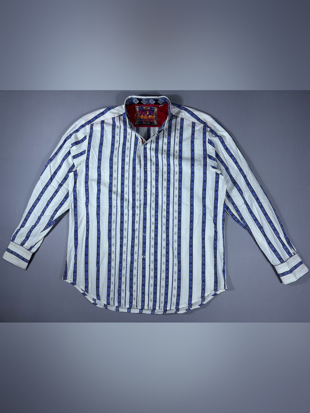 Robert Graham Men’s Geometric Stripe Button Down Shirt Blue White Cotton
